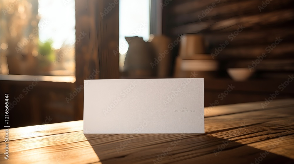 Blank card on wooden table in cozy cabin during afternoon sunlight