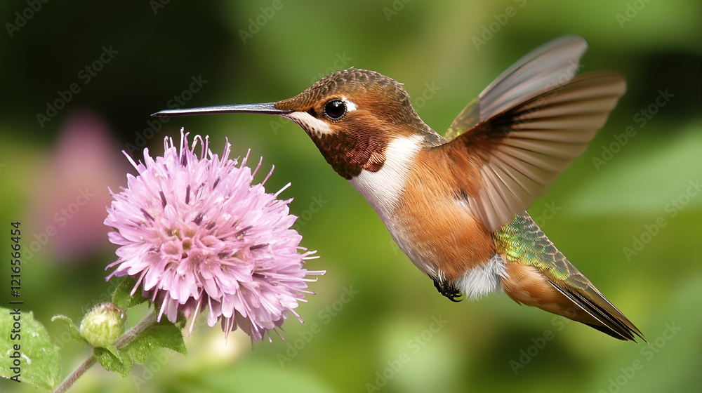 Fototapeta premium A beautiful and the colorful hummingbird with the flower on the flower background 