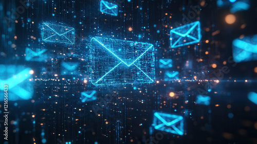 Modern email marketing background with glowing blue envelopes and digital icons in a dark setting, illustrating fast communication