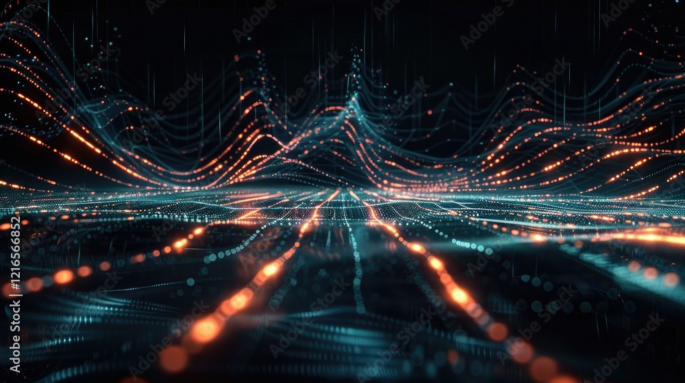 Abstract representation of data waves and digital connections in a futuristic landscape. Abstract representation of data waves and digital connections in a futuristic landscape.