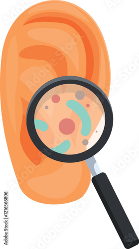 Magnifying glass is showing bacteria and germs infecting ear canal, causing ear infection and pain