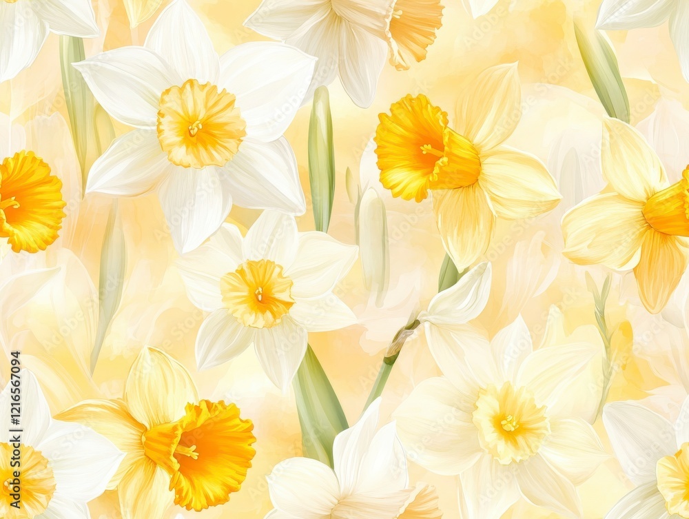 A Seamless Pattern of White Daffodils with Yellow Centers A Seamless Pattern of White Daffodils with Yellow Centers
