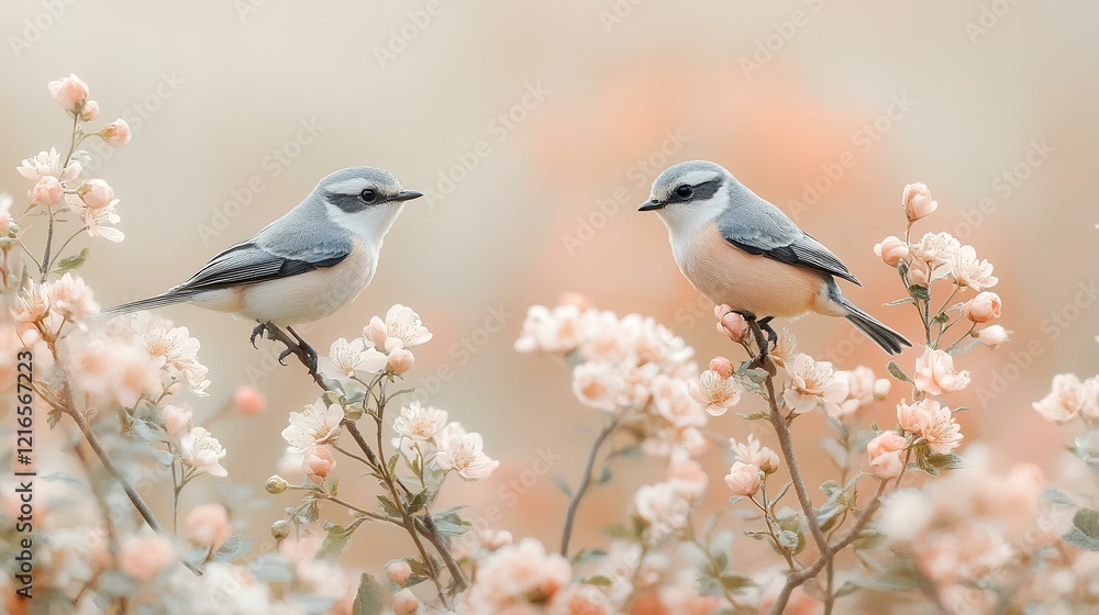 Two birds perched on blooming branches, soft pastel background, spring nature scene, ideal for cards or websites Two birds perched on blooming branches, soft pastel background, spring nature scene, ideal for cards or websites