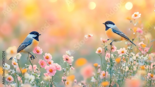 Fototapeta Naklejka Na Ścianę i Meble -  Two birds perched on pink flowers in a field, soft sunset light, peaceful nature scene, ideal for spring or nature themed projects