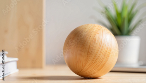 Minimalist bamboo stress ball on wooden desk, calming ambiance photo