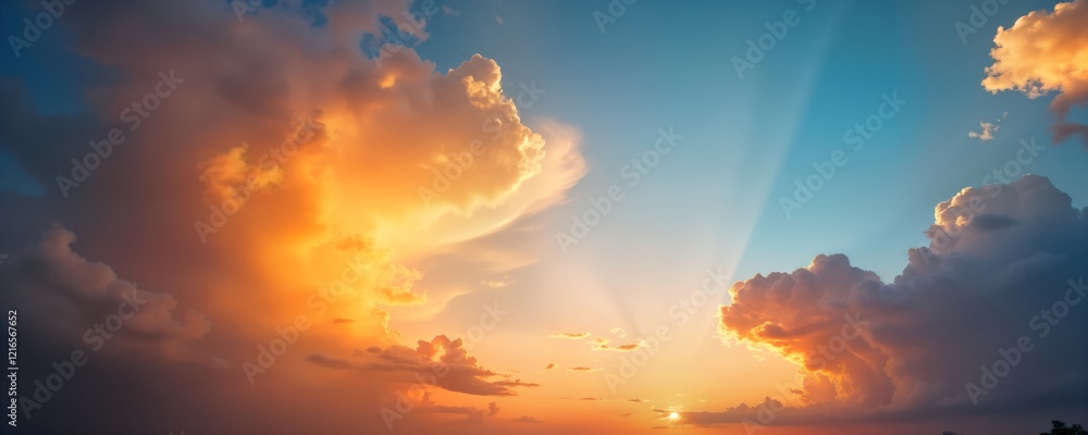 Naklejka premium Beautiful sunset sky with dramatic clouds. Colorful clouds in orange, red tones. Sunlight beams through clouds. Idyllic, warm scene. Perfect for nature lovers, photographers, artists appreciate