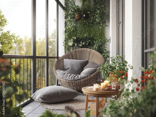cozy balcony with wicker chair, plants, and candles