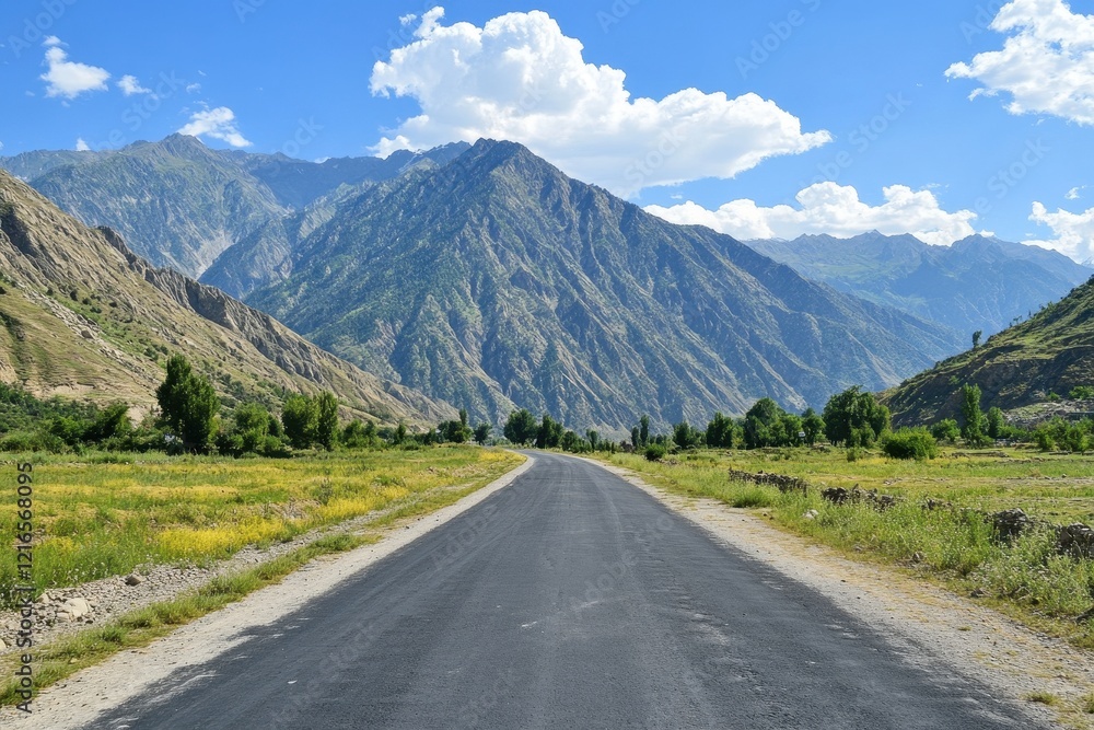 Mountain road, valley, sunny day, travel, landscape Mountain road, valley, sunny day, travel, landscape