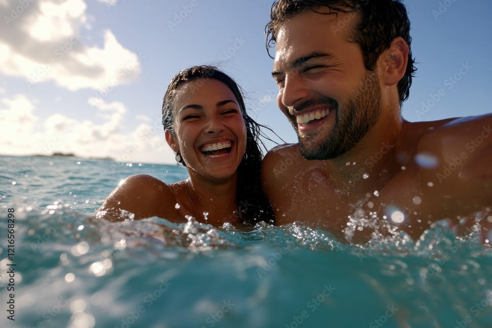 A couple splashes happily in the clear turquoise ocean, sharing joyful laughter and creating unforgettable memories on a sunny day by the beach. A couple splashes happily in the clear turquoise ocean, sharing joyful laughter and creating unforgettable memories on a sunny day by the beach.