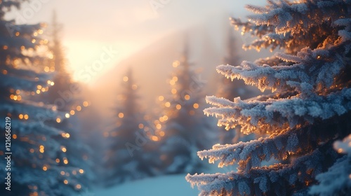 Winter sunrise in snowy mountain forest.  Golden hour light illuminates frosted trees. Ideal for holiday cards or winter wonderland themes