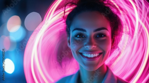 A young woman with a radiant smile is surrounded by vibrant pink and blue light trails, creating a captivating and energetic atmosphere.