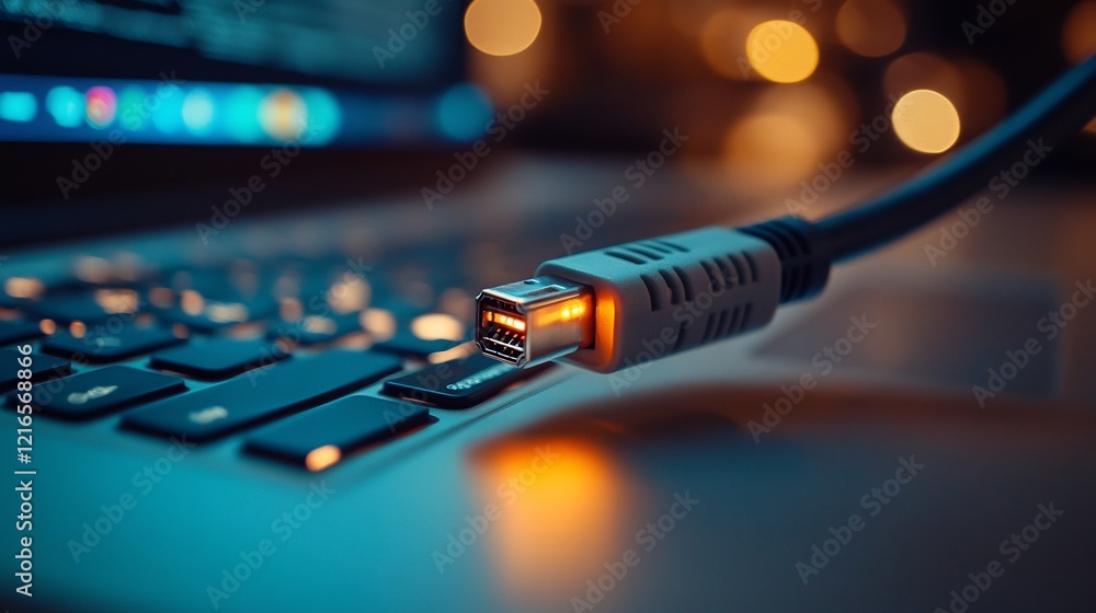 Laptop cable connection, night office, bokeh background, tech work Laptop cable connection, night office, bokeh background, tech work