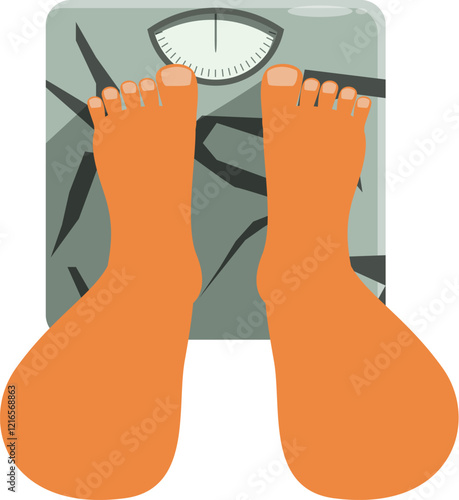 Bare feet standing on a broken weighing scale, illustrating the concepts of obesity, overweight, and the struggle with weight management