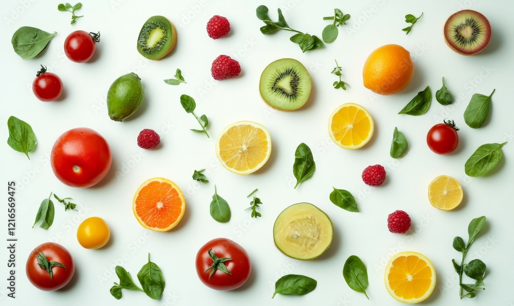 Fresh Fruits and Vegetables Arrangement on White Background Fresh Fruits and Vegetables Arrangement on White Background