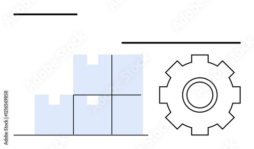 Stacked boxes beside a gear symbolizing storage, processes, and operations. Ideal for logistics, supply chain, warehouse management, manufacturing, efficiency, delivery abstract line flat metaphor