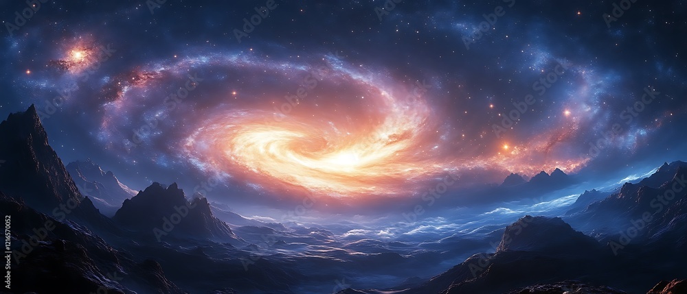 Fototapeta premium Cosmic swirl over a mountainous landscape.