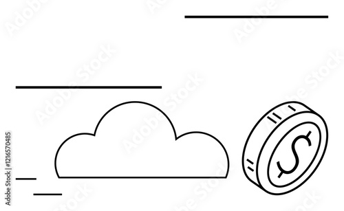 Cloud and dollar coin in minimal line art style emphasizing technology and finance. Ideal for cloud computing, data security, online savings, fintech, investments, digital economy, e-commerce