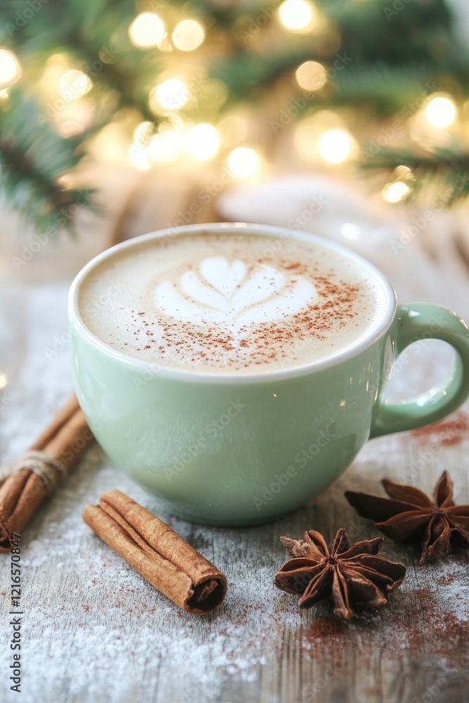 A cup of cappuccino coffee with latte art in a pastel green cup with cinnamon, pine branch on a wooden table against a bokeh background A cup of cappuccino coffee with latte art in a pastel green cup with cinnamon, pine branch on a wooden table against a bokeh background