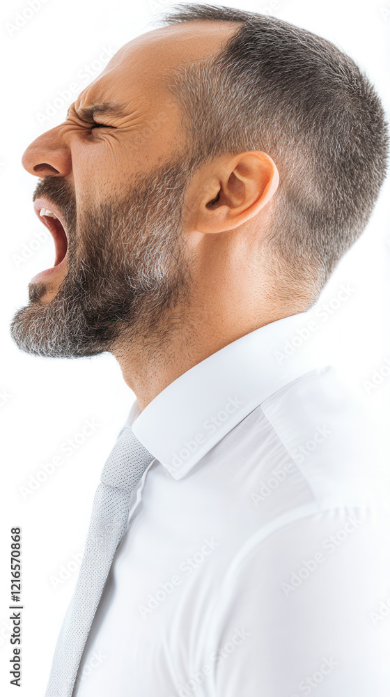 Fototapeta premium Office worker expressing frustration and anger while shouting, captured against a plain white background in a formal white shirt and tie, a person who shouts, aggressor, abuser