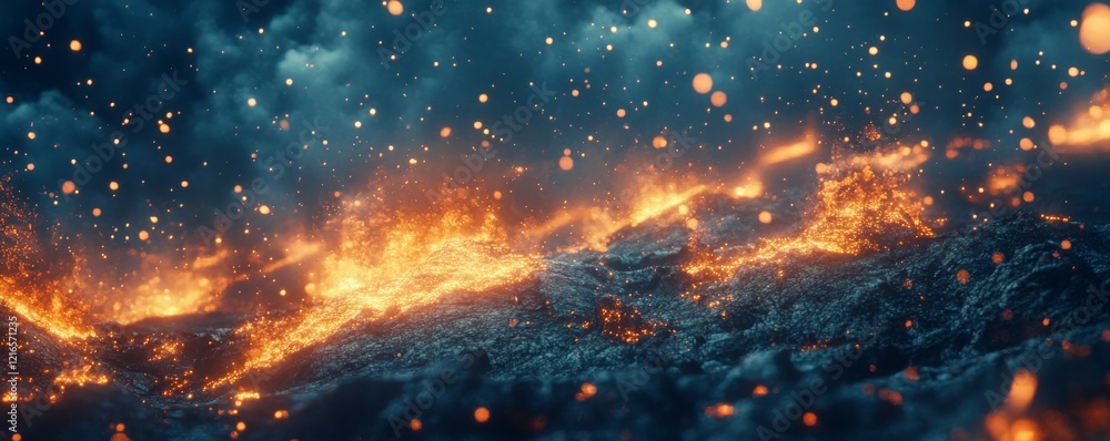 Glowing embers and sparks rise from a volcanic surface at night creating a dramatic effect Glowing embers and sparks rise from a volcanic surface at night creating a dramatic effect
