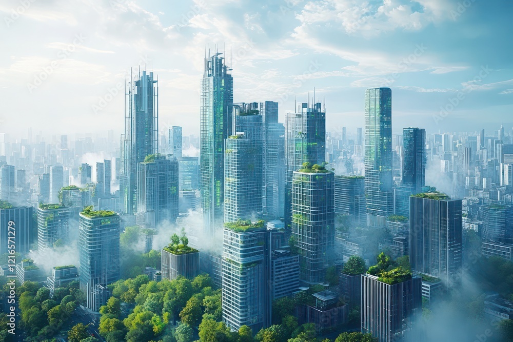 Obraz premium High-tech urban waste-to-energy conversion systems integrated into a futuristic cityscape.