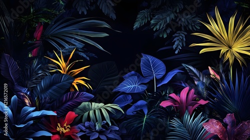 Wallpaper Mural A vibrant, tropical foliage scene with a dark background, emphasizing rich colors and textures. Torontodigital.ca