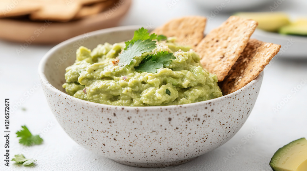 Fresh guacamole served with whole grain crackers on a bright white background, creating a healthy and appetizing snack option Fresh guacamole served with whole grain crackers on a bright white background, creating a healthy and appetizing snack option