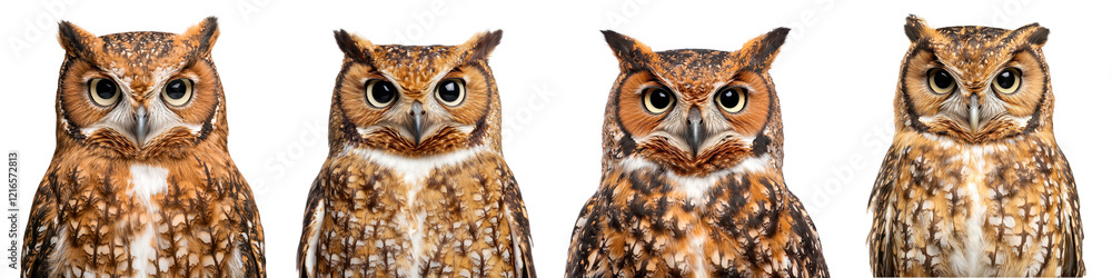 Fototapeta premium Collection of Majestic Owls Staring with Intense Curious Gaze in Their Natural Woodland Habitat Owls are Nocturnal Predators Known for Their Incredible Hunting Abilities Wise Expression