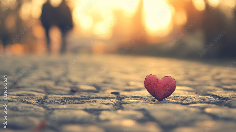 Fototapeta premium A small red heart placed on a cobblestone path with a warm glowing sunset in the background romantic and symbolic scene 