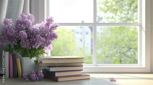 Lilac flowers, books, window view, spring