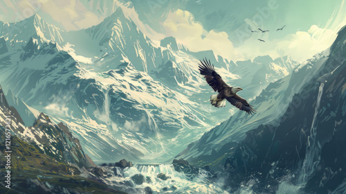 Majestic eagle soaring over a valley in the snowy mountains 