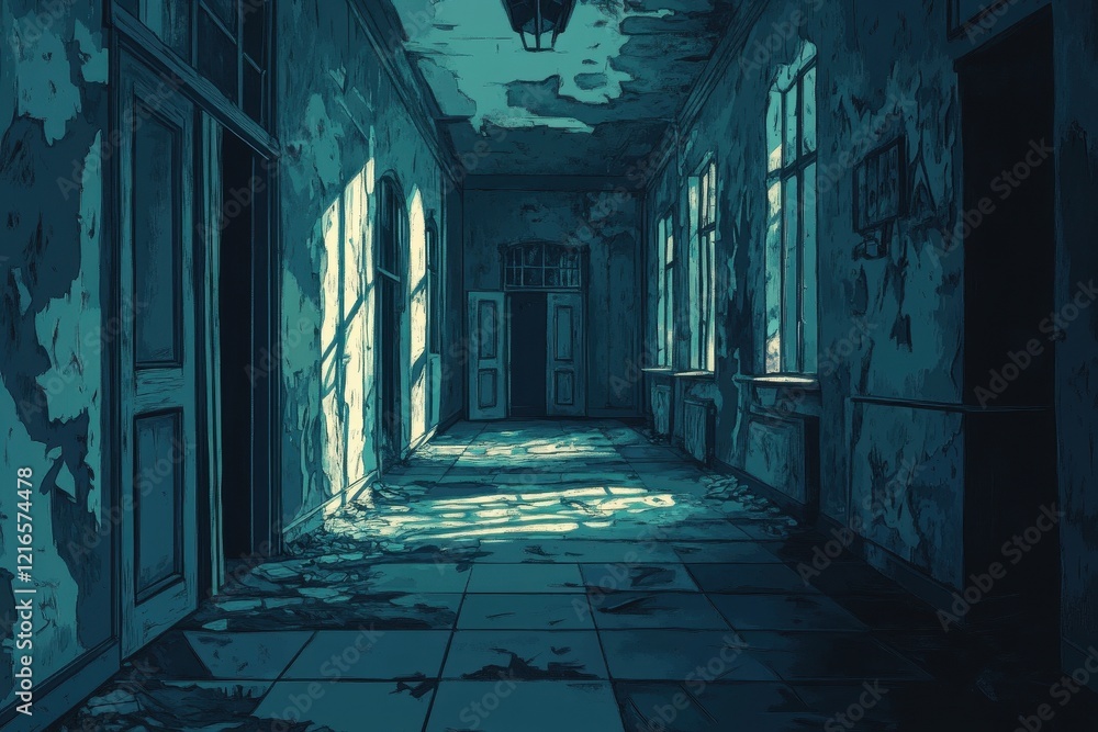 Fototapeta premium Sunlit Hallway in a Derelict Building Showing Decay and Age