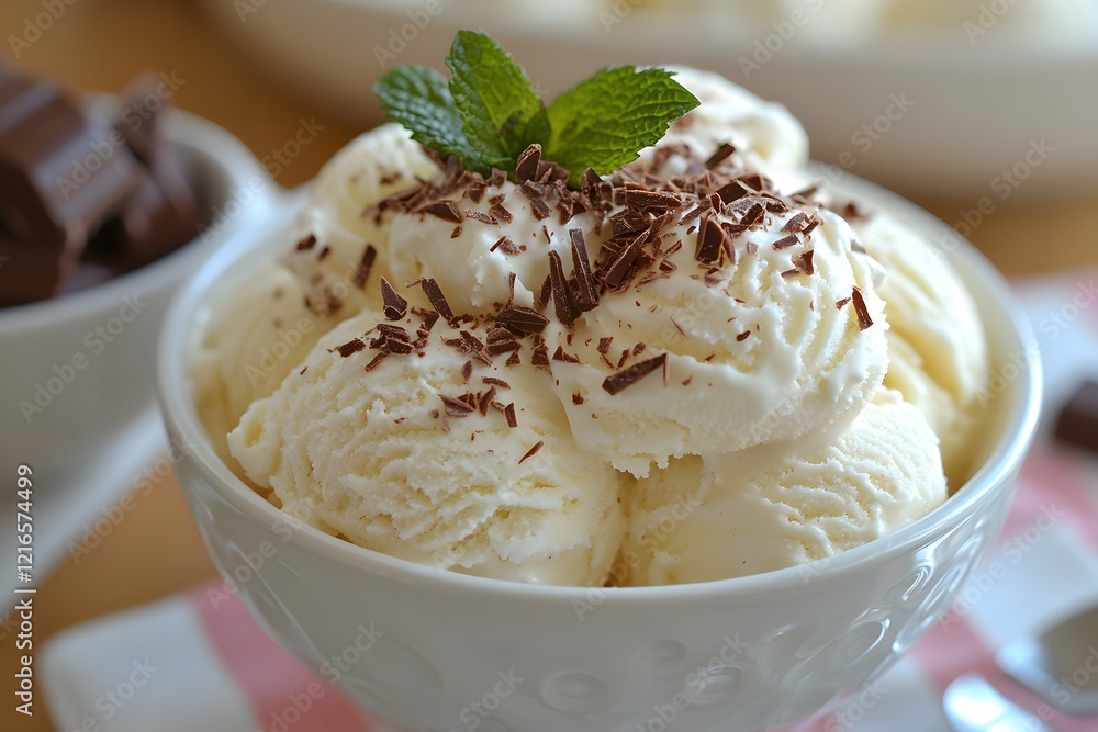 Vanilla Ice Cream Bowl with Mint and Chocolate Shavings for Desserts Vanilla Ice Cream Bowl with Mint and Chocolate Shavings for Desserts