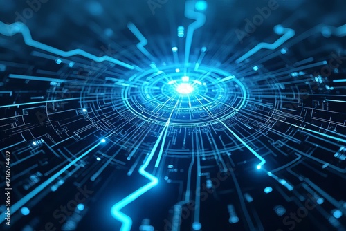 Futuristic digital network with glowing blue lines radiating from a central point.