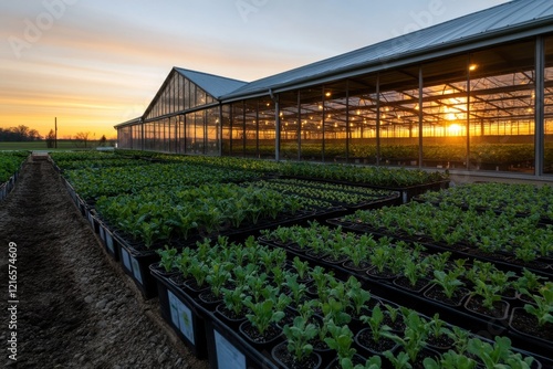 This stunning image showcases a sunset over a greenhouse filled with healthy plants, highlighting the beauty of nature and sustainable agriculture in an inspiring setting. photo