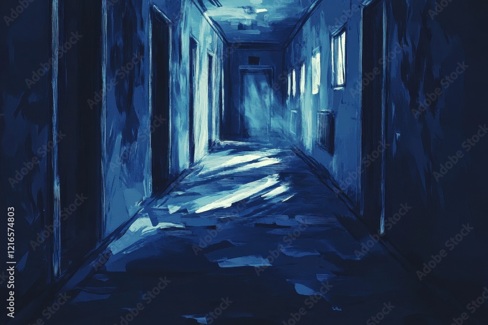 A Dark Blue Hallway with Doors and Windows A Dark Blue Hallway with Doors and Windows