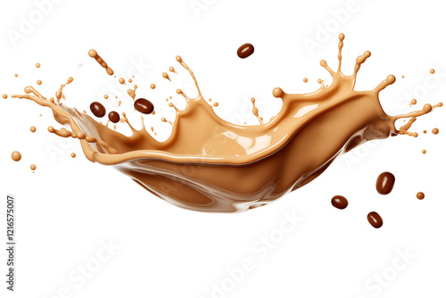 Creamy coffee splash with floating coffee beans, creating dynamic and energetic scene. rich texture and color evoke sense of indulgence and warmth, isolated on transparent background.