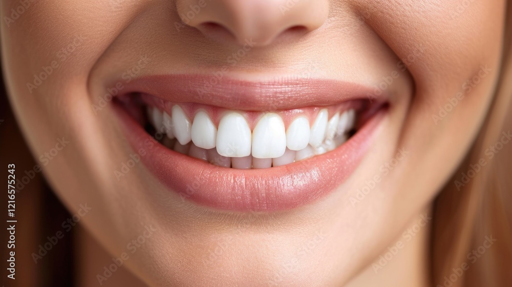 Close-up of a beaming smile with pearly white teeth, healthy glowing skin, subtle pink lips, expression of happiness and confidence Close-up of a beaming smile with pearly white teeth, healthy glowing skin, subtle pink lips, expression of happiness and confidence