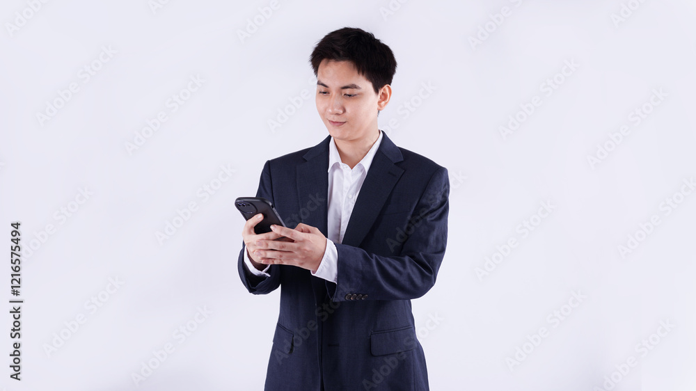 Portrait of young Asian business man using phone and posing on white background Portrait of young Asian business man using phone and posing on white background