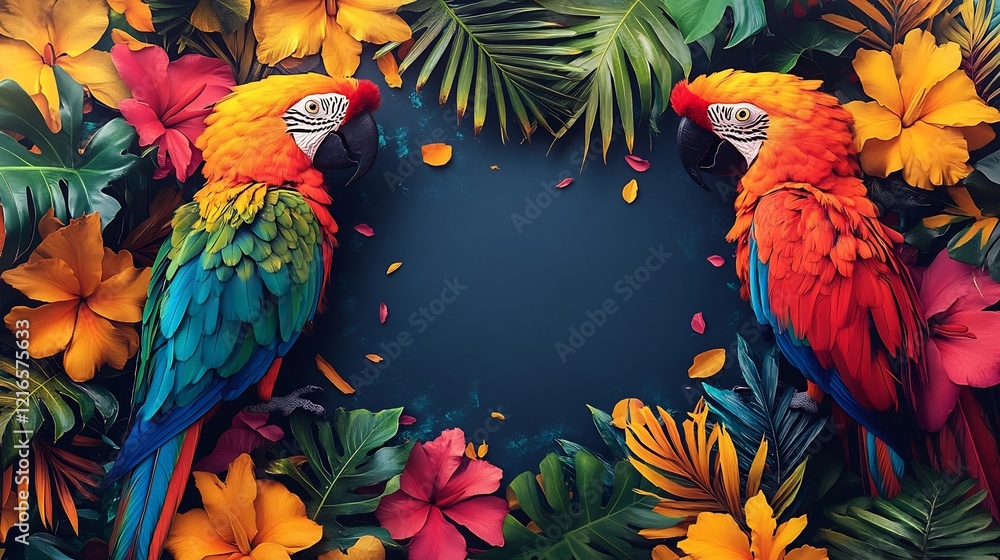 Fototapeta premium Vibrant invitation card for Rio Carnival 2025 with colorful costumes samba dancers and tropical patterns including a blank oval section in the bottom left corner for personalization
