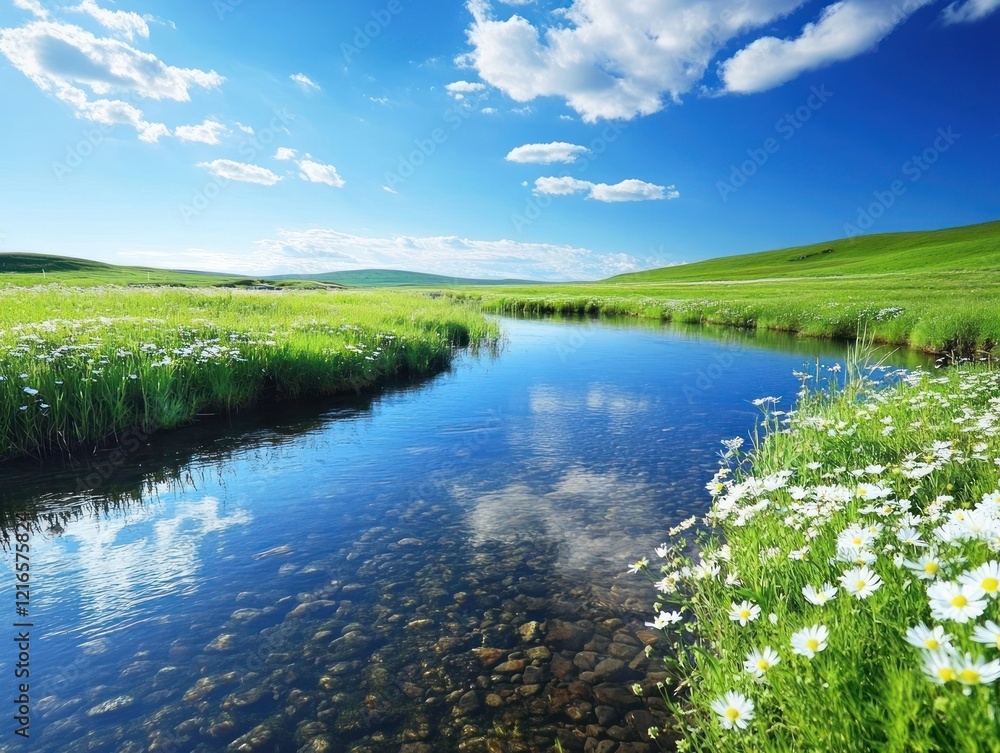 Tranquil stream in lush meadow with clear sky for nature design Tranquil stream in lush meadow with clear sky for nature design