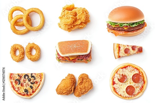 Fast food collage burgers, pizza, chicken, onion rings, white background, menu design photo