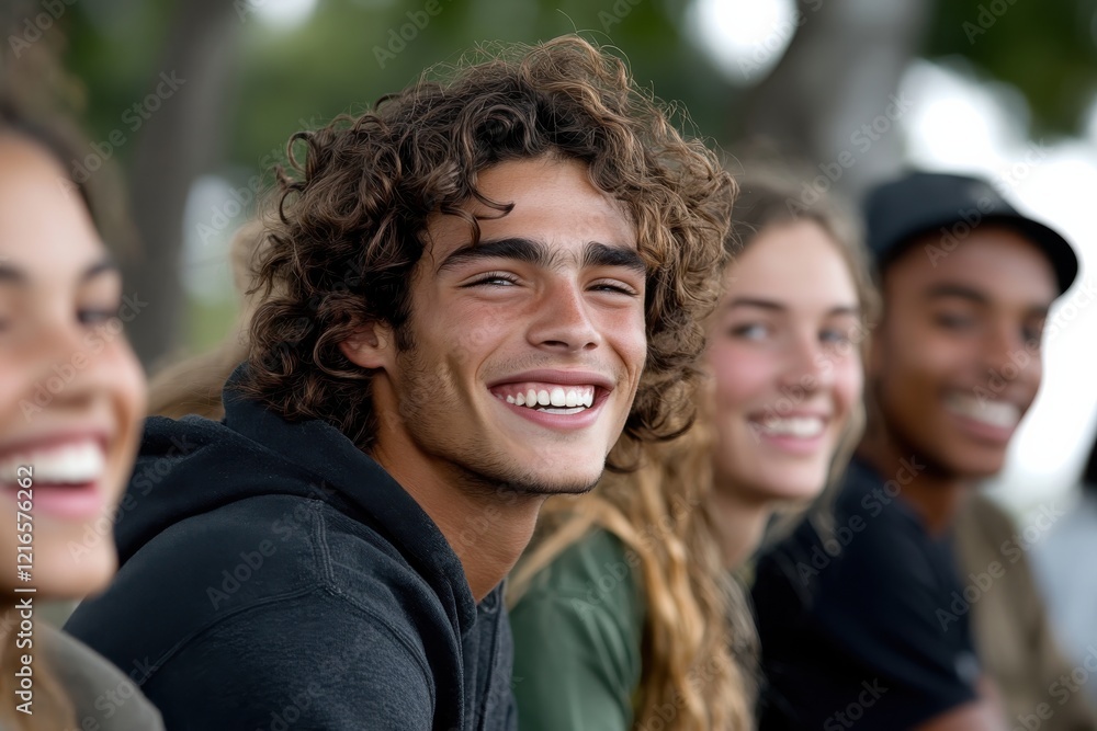 A group of cheerful friends relaxes in a park, showcasing the power of friendship, laughter, and shared experiences that foster a strong emotional bond among them. A group of cheerful friends relaxes in a park, showcasing the power of friendship, laughter, and shared experiences that foster a strong emotional bond among them.