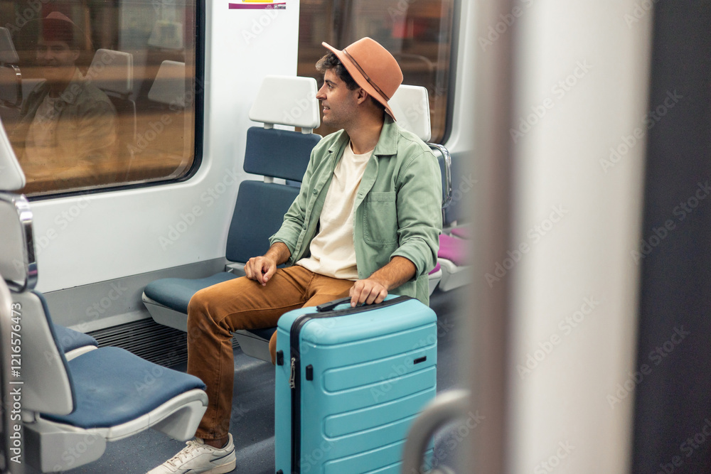 Fototapeta premium latin Tourist traveling by train holding his suitcase and looking out the window