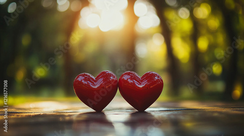 two glossy red heart-shaped ornaments resting on grass under soft sunlight with a romantic serene vibe  
 photo