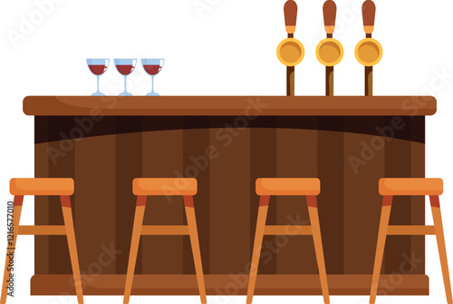 Bar counter with stools, beer taps and wine glasses, representing pub, restaurant or nightclub furniture