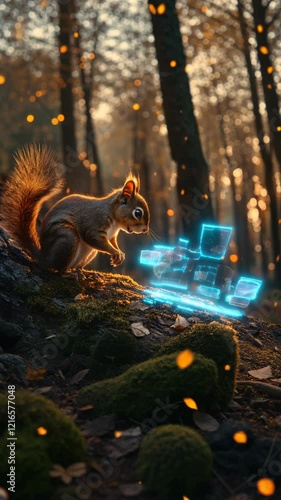Wallpaper Mural Curious Squirrel Encounters a Futuristic Hologram in a Magical Forest: A Blend of Nature, Technology, and Wonder Torontodigital.ca