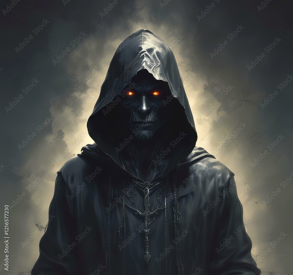 Illustration of hodded person in dark woods. Illustration of hodded person in dark woods.