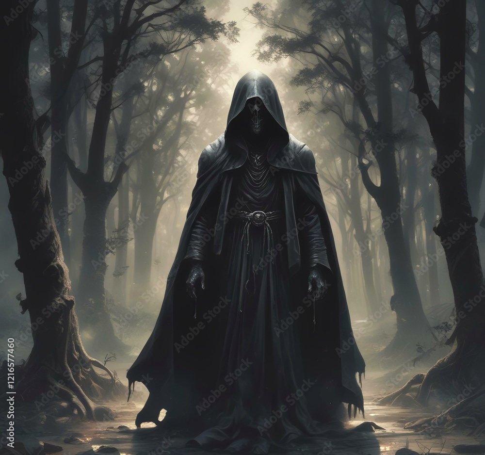 Illustration of hodded person in dark woods. Illustration of hodded person in dark woods.