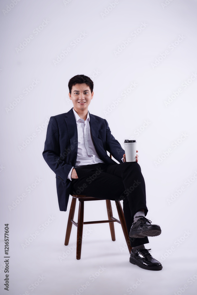 Full body image of young Asian business man sitting in chair on white background Full body image of young Asian business man sitting in chair on white background